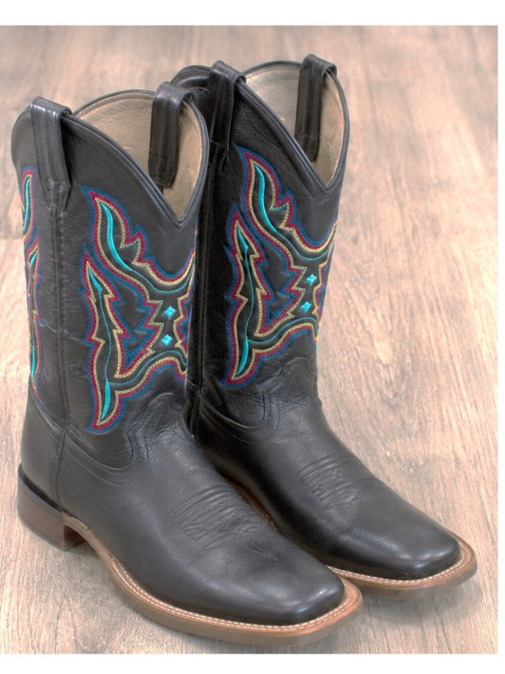 Suyanne Men's 5D Black Leather Western Cowboy Boots Embroidered Square Toe